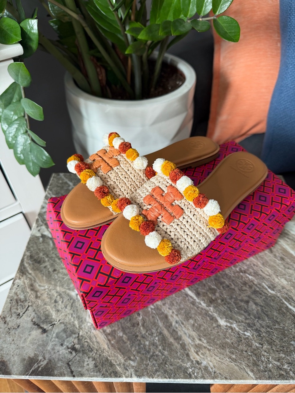 Tory Burch Woven Pom-Pom Slide Sandals - Tan/Orange/Yellow/White